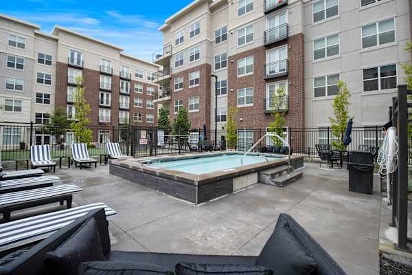 resort style spa and lounge chairs at 200 City View, Provo